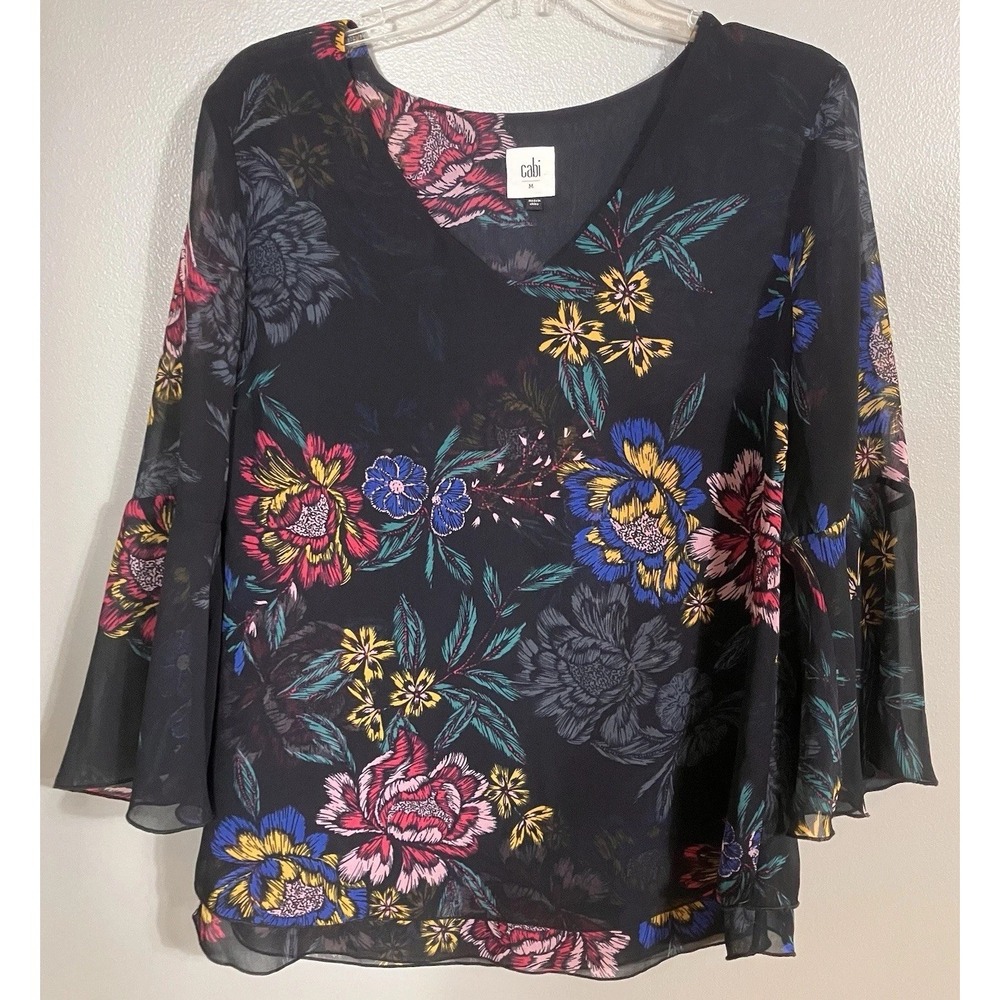 CAbi Olivia Black Floral 3/4 Bell Sleeve Lined Blouse Size M # 3506 Career